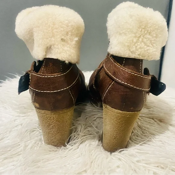 Women’s Manas Brown Leather Fleece Lined Fur Cuff Ankle Boots Studs Block Heel - Picture 9 of 11
